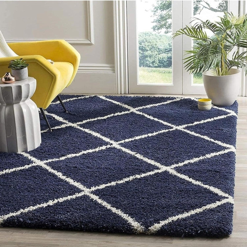 Navy Blue & White Checkered Shaggy Carpet