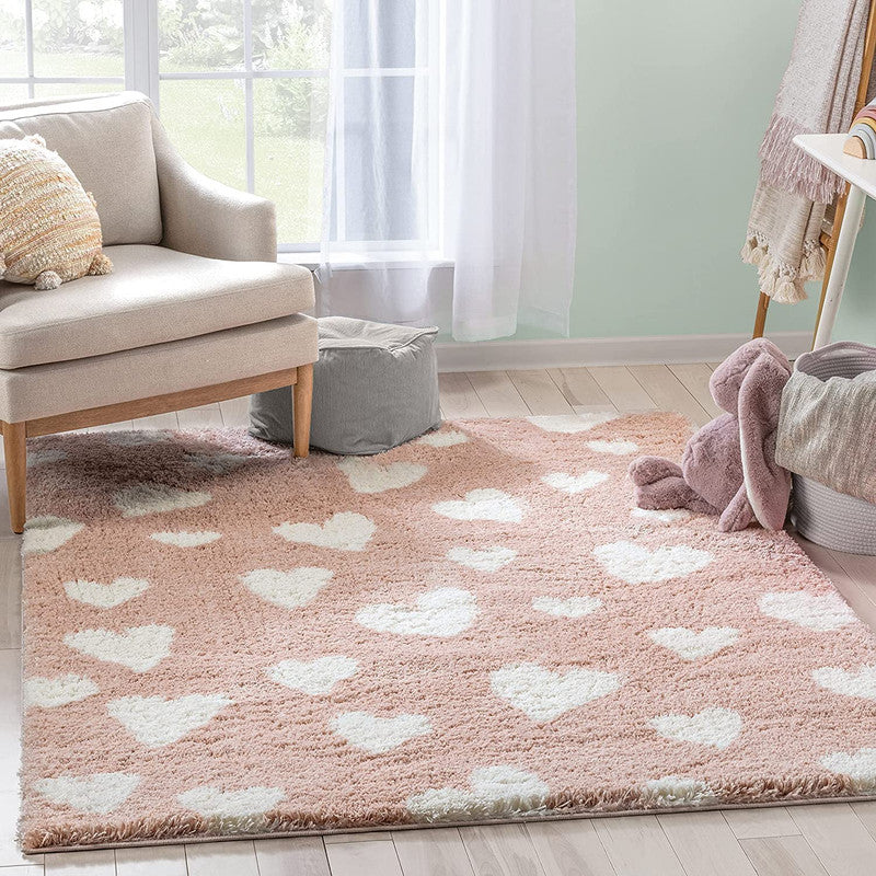 Blush Pink Heart Pattern Shaggy Carpet
