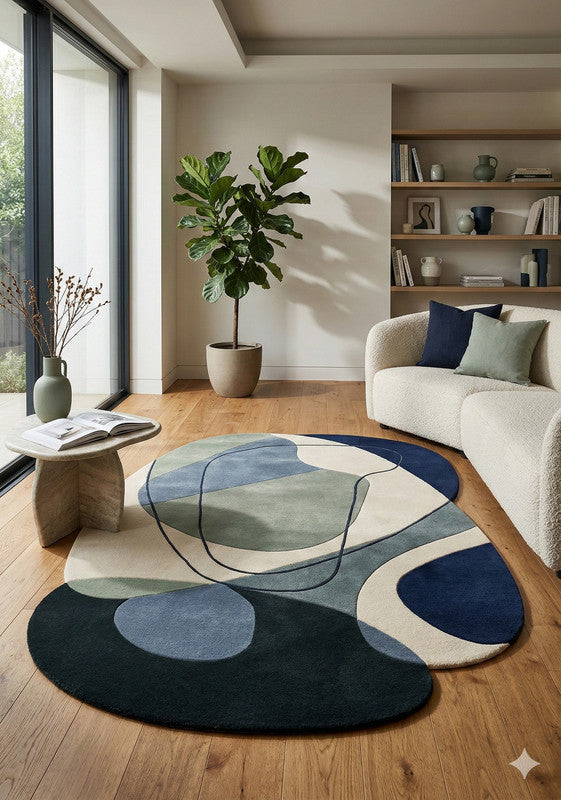 Contour Flow Navy Green Irregular Shaped Hand-Tufted Carpet