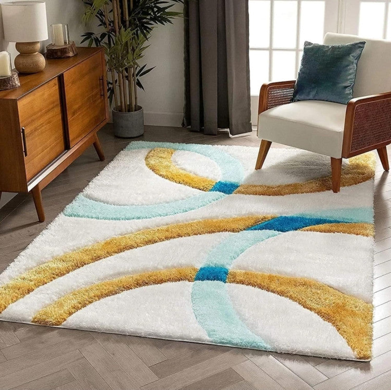 White Aqua Gold Swirl Shaggy Carpet