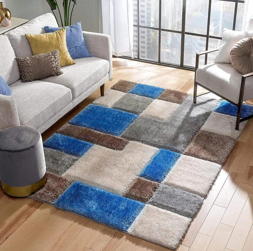 Blue Grey & Brown Geometric Block Shaggy Carpet