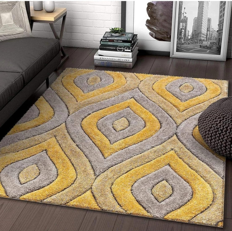 Grey & Mustard Diamond Wave Shaggy Carpet
