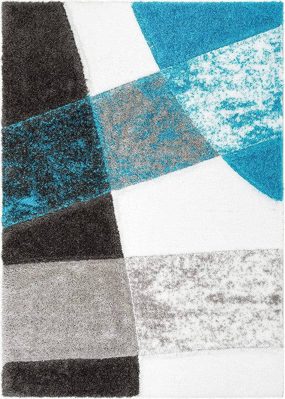Grey & Aqua Geometric Block Shaggy Carpet