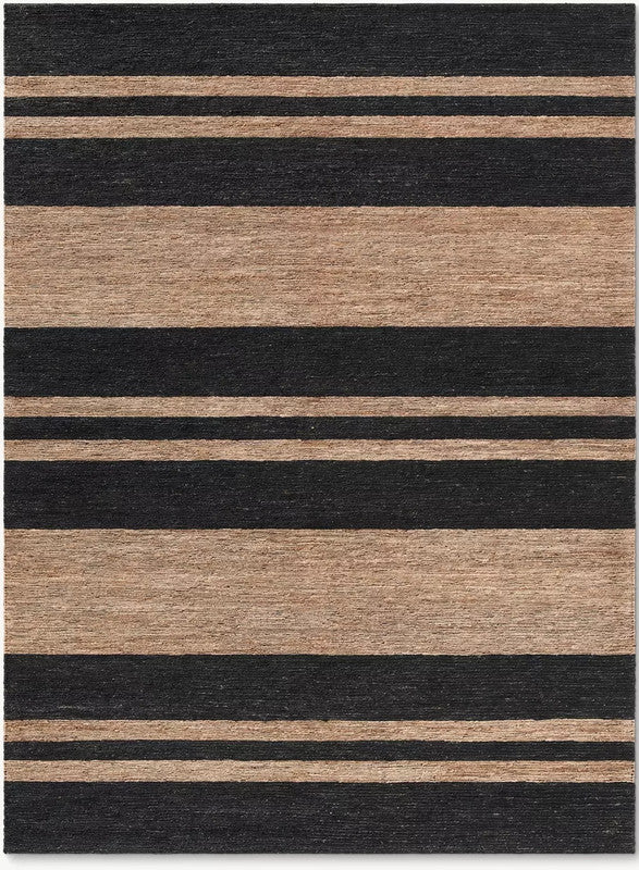 Onyx Black and Natural Striped Hand-Knotted Jute Carpet