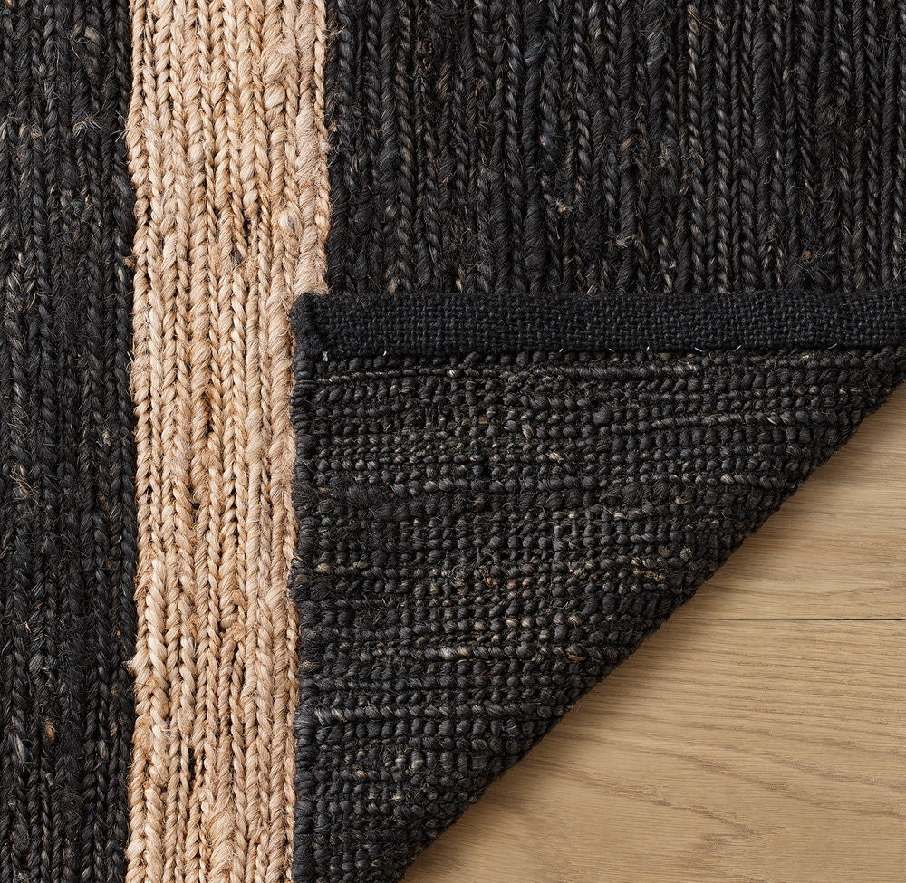 Onyx Black and Natural Striped Hand-Knotted Jute Carpet