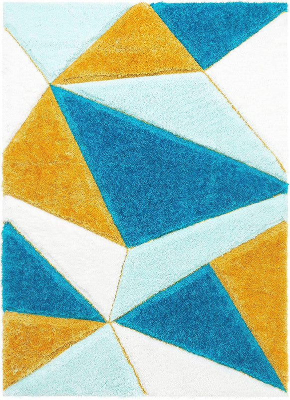 Geometric patterned rug with blue, yellow, and white triangles