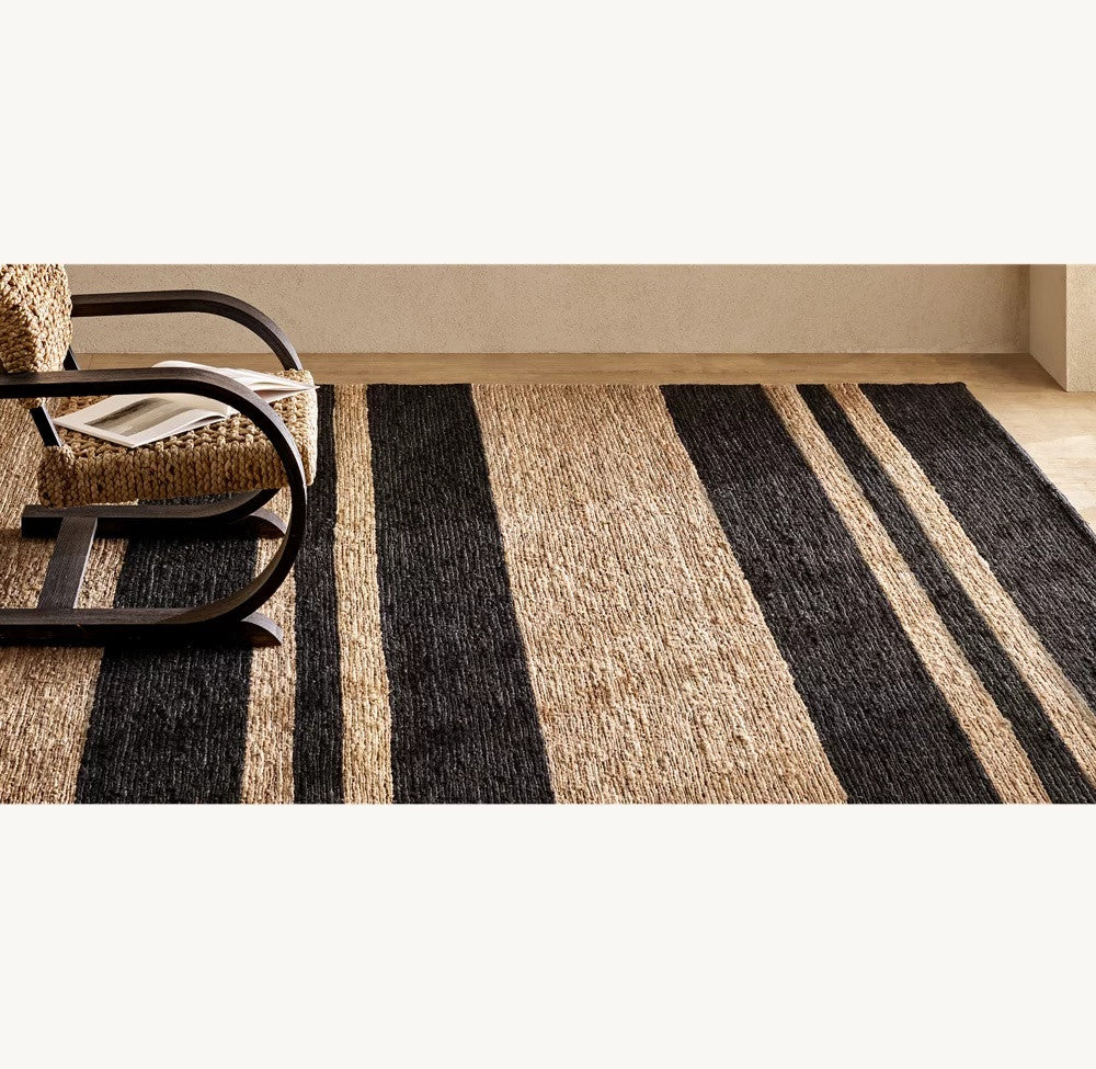 Onyx Black and Natural Striped Hand-Knotted Jute Carpet