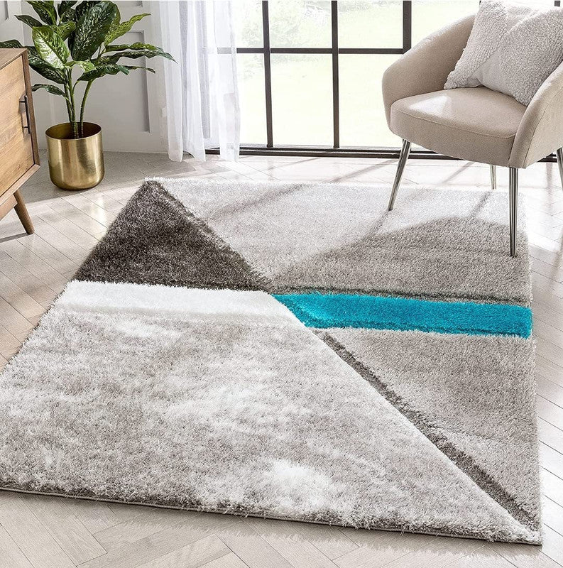 Grey & Aqua Geometric Shaggy Carpet