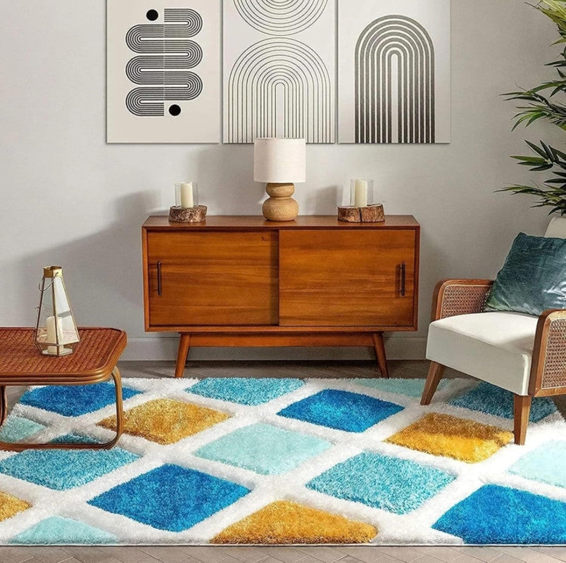 Blue & Mustard Diamond Pattern Shaggy Carpet