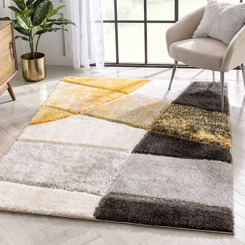 Grey Yellow Geometric Block Shaggy Carpet