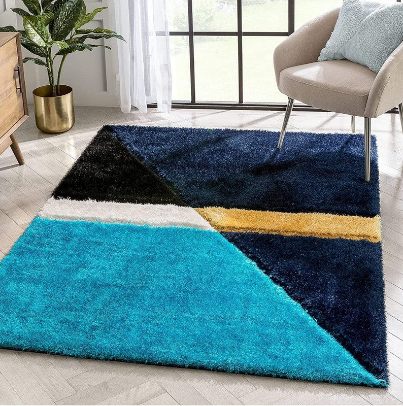 Aqua & Navy Geometric Shaggy Carpet