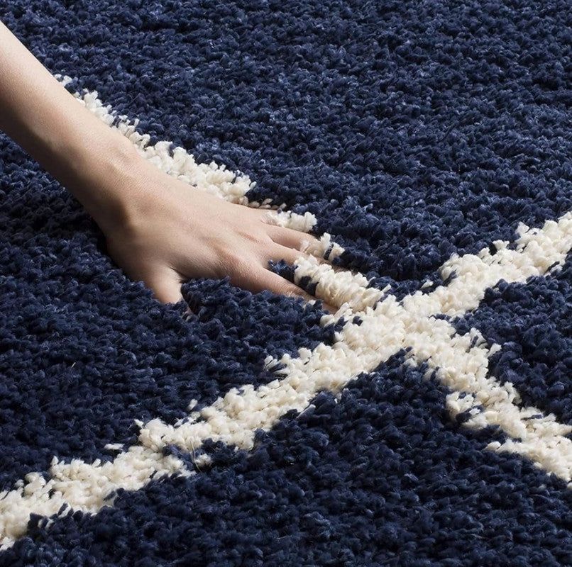 Navy Blue & White Checkered Shaggy Carpet
