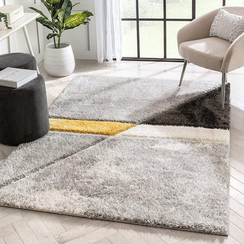 Grey Yellow & White Geometric Shaggy Carpet