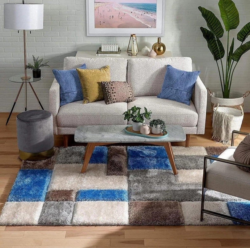 Blue Grey & Brown Geometric Block Shaggy Carpet
