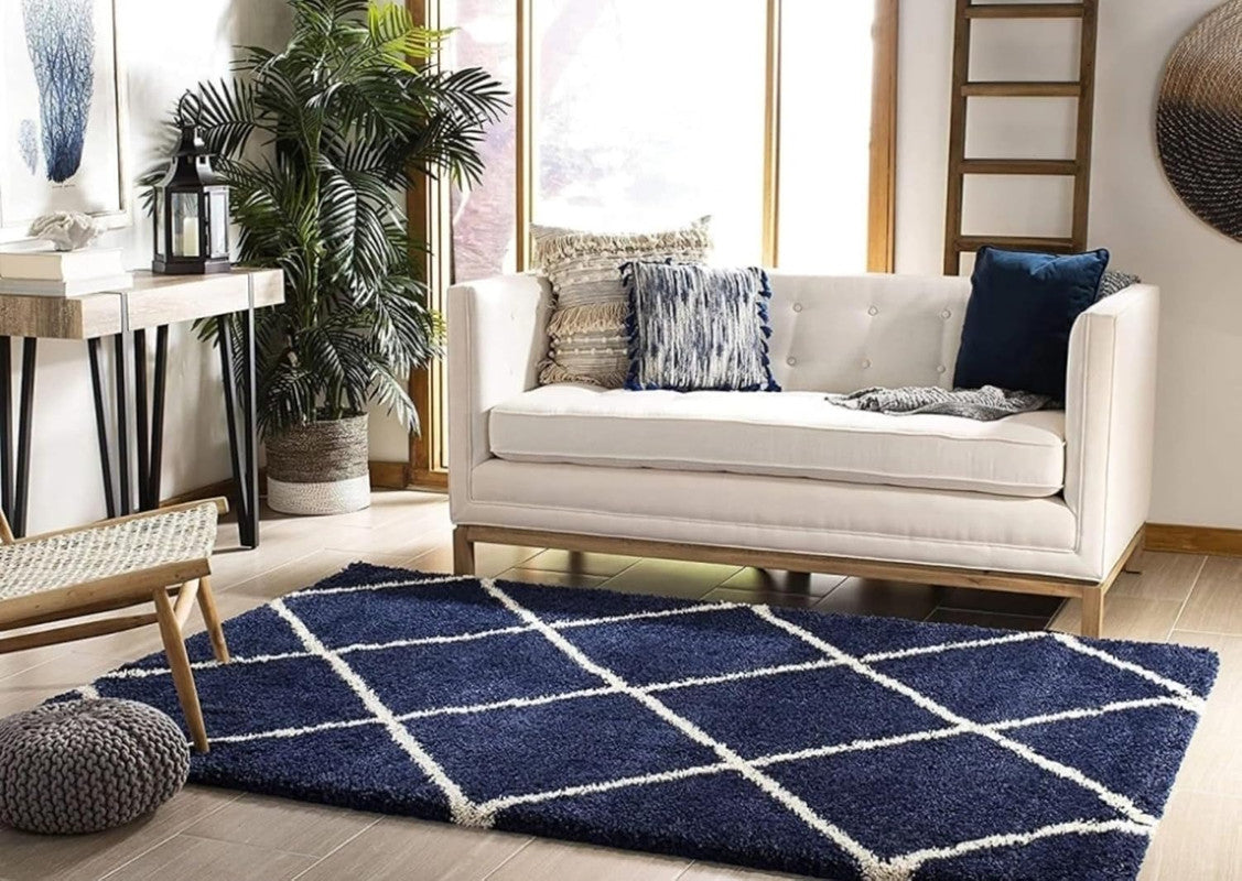 Navy Blue & White Checkered Shaggy Carpet
