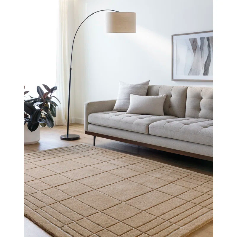 Outlinegrid hand tufted wool carpet in tan and ivory