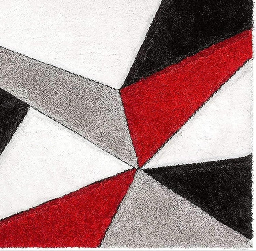 Red Black & Grey Geometric Triangular Shaggy Carpet