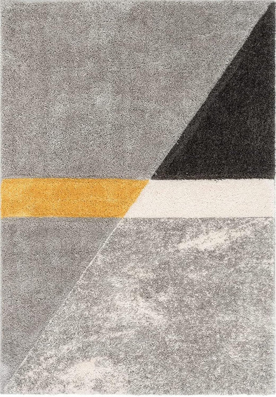 Grey Yellow & White Geometric Shaggy Carpet