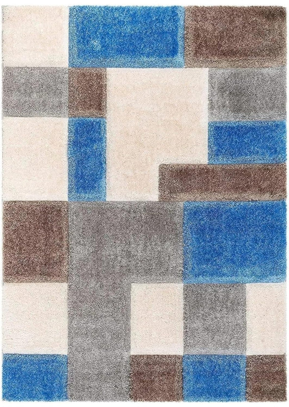 Blue Grey & Brown Geometric Block Shaggy Carpet
