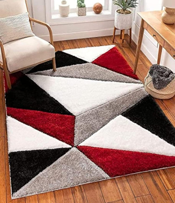 Red Black & Grey Geometric Triangular Shaggy Carpet