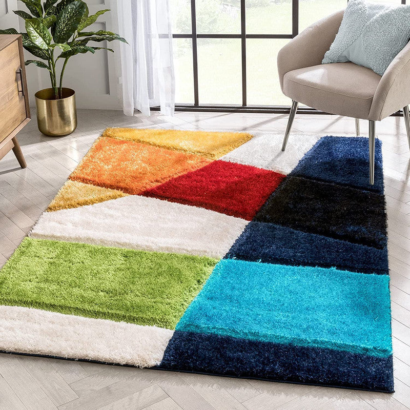 Multicolor Geometric Block Shaggy Carpet