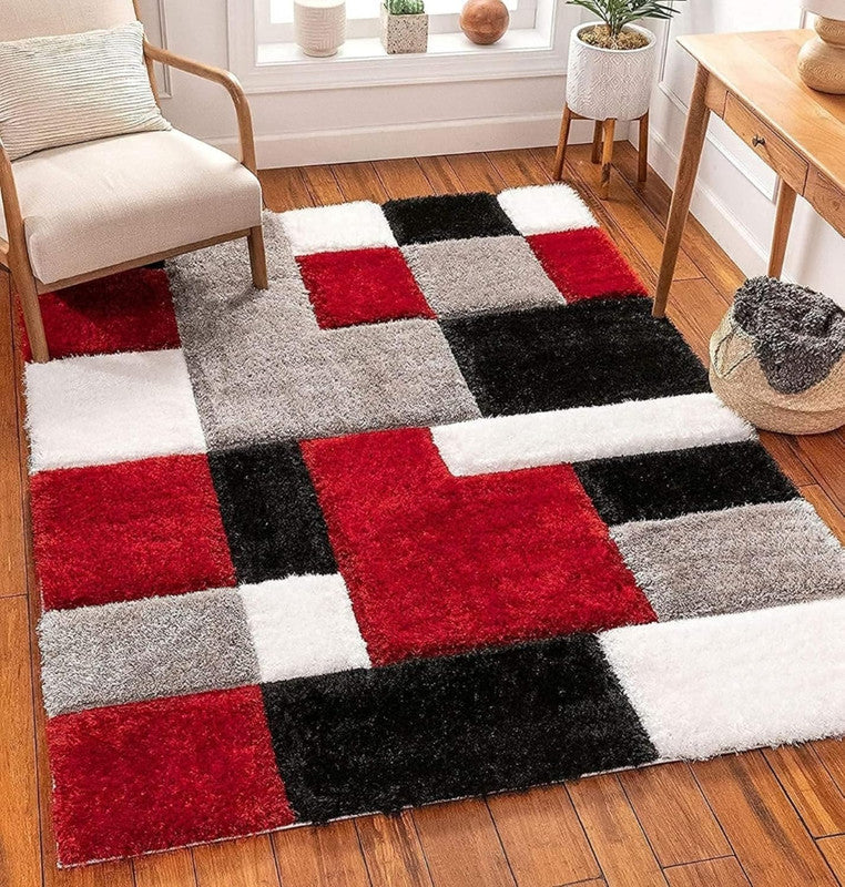 Red Black & Grey Geometric Block Shaggy Carpet