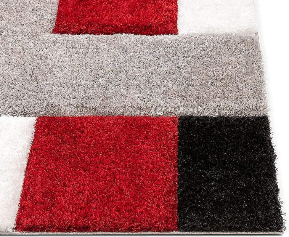 Red Black & Grey Geometric Block Shaggy Carpet