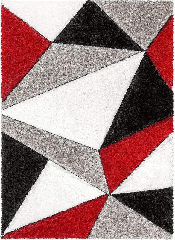 Red Black & Grey Geometric Triangular Shaggy Carpet