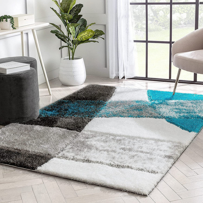 Grey & Aqua Geometric Block Shaggy Carpet