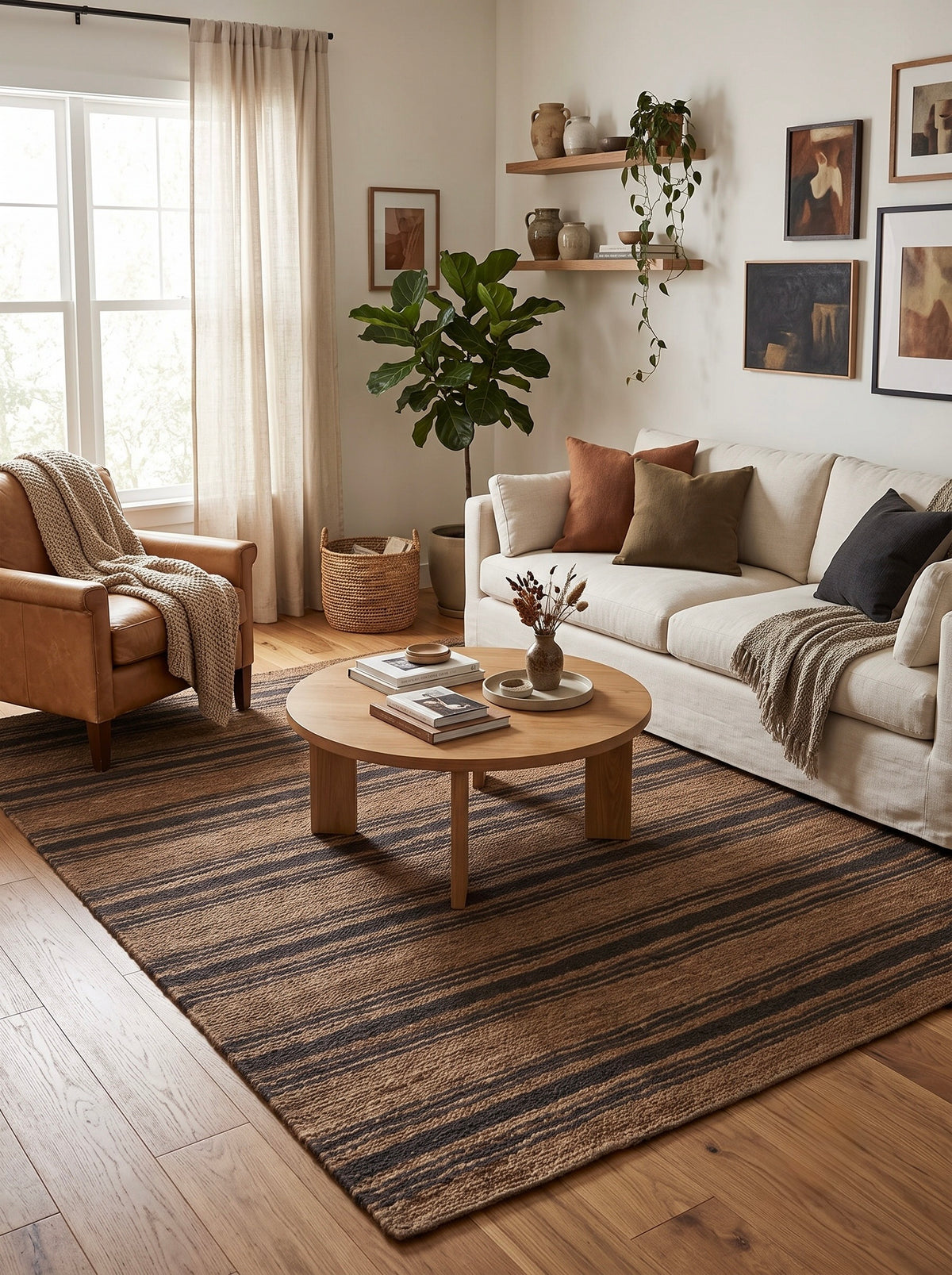 Furrow Brown and Charcoal Striped Hand-Knotted Jute Carpet