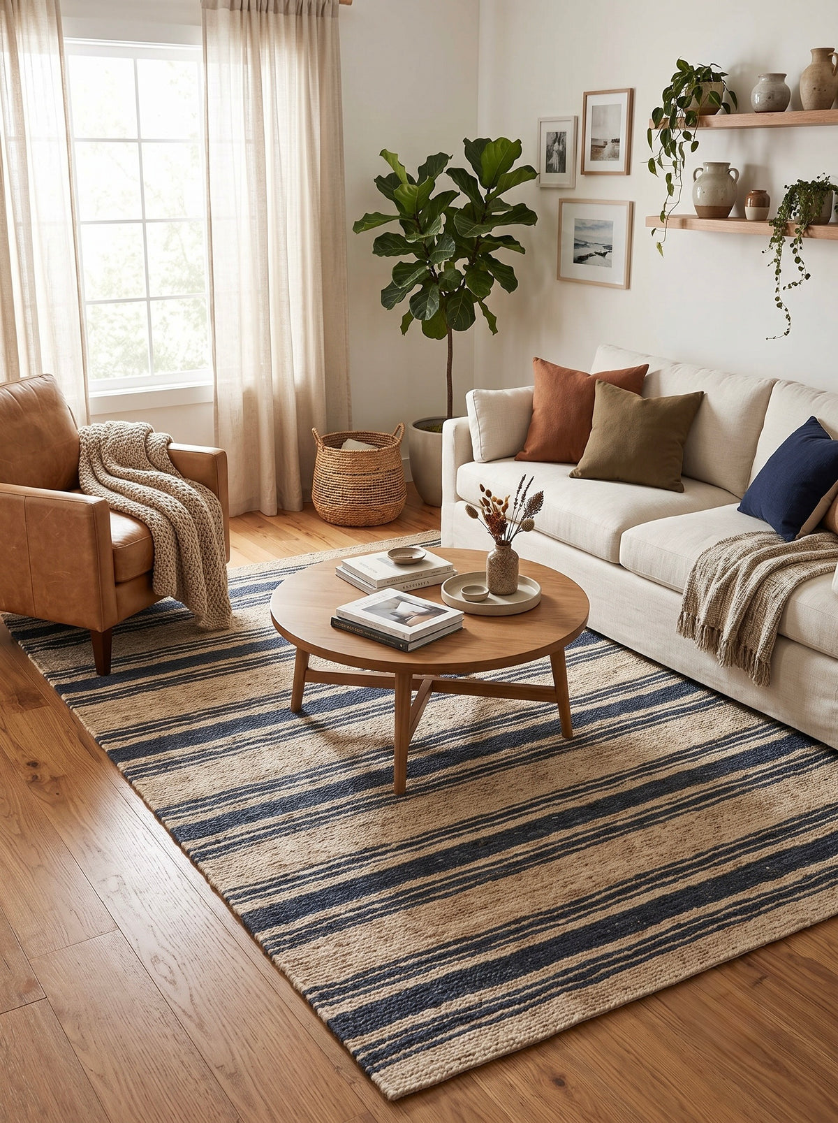 Harbour Natural and Denim Blue Striped Hand-Knotted Jute Carpet