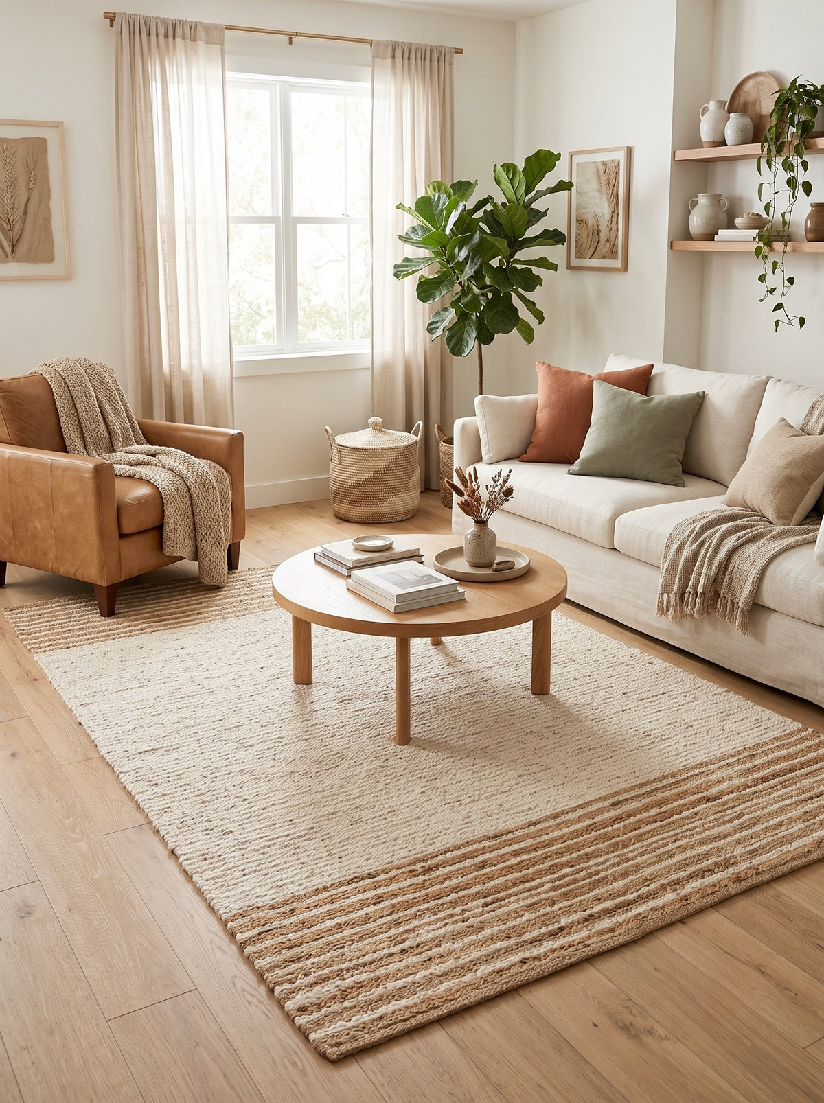 Shoreline Ivory and Natural Striped Hand-Knotted Jute Carpet