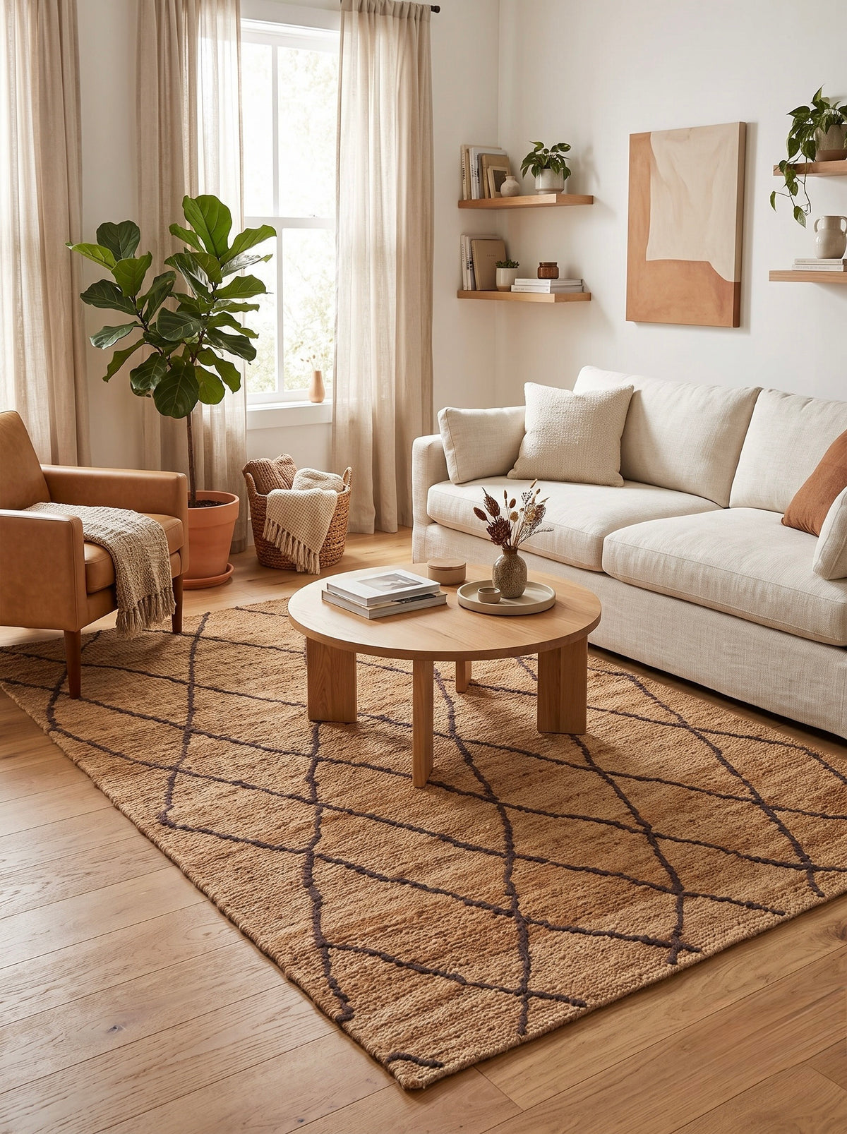 Atlas Natural and Dark Brown Trellis Hand-Knotted Jute Carpet
