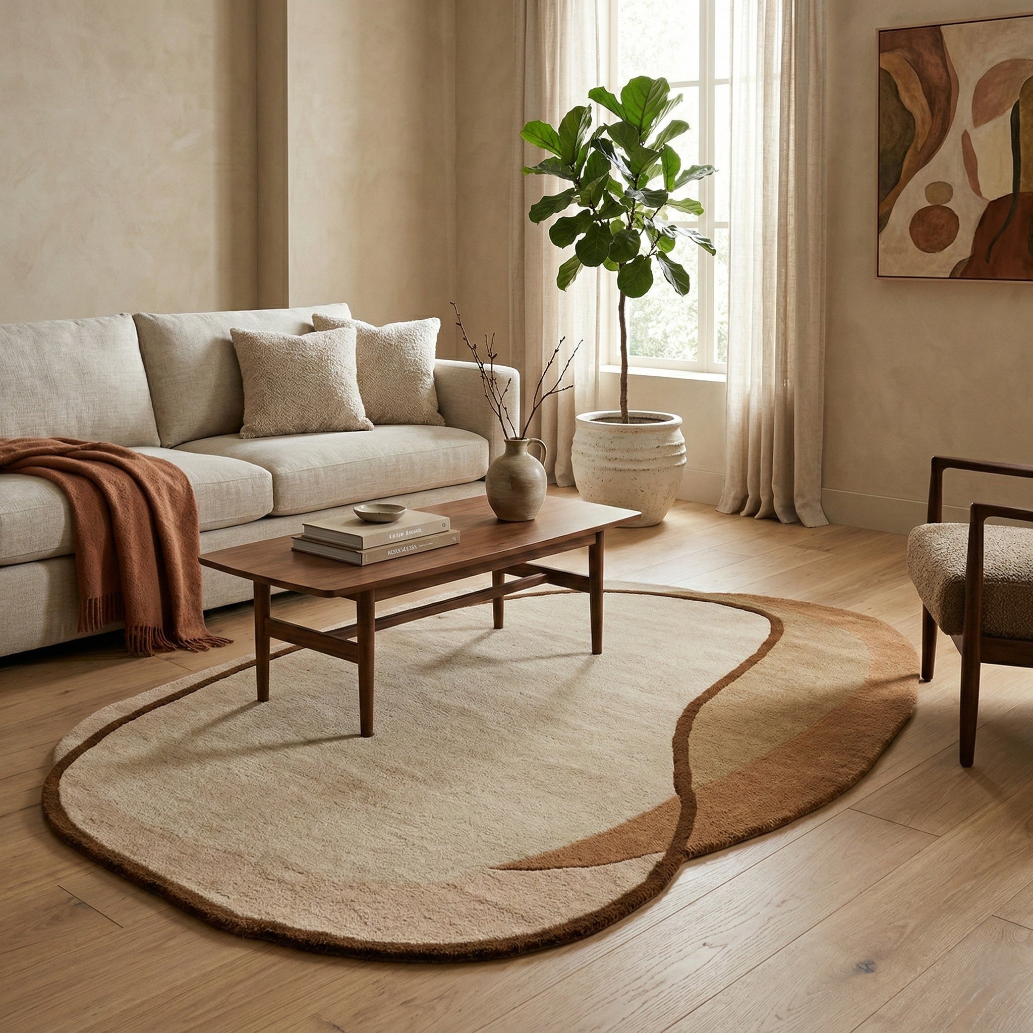 Pebble Form Beige Irregular Shaped Hand-Tufted Carpet