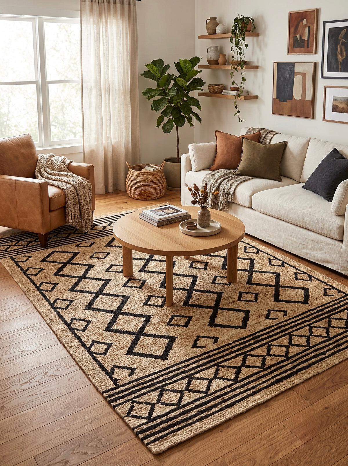 Colonnade Natural and Black Diamond Hand-Knotted Jute Carpet