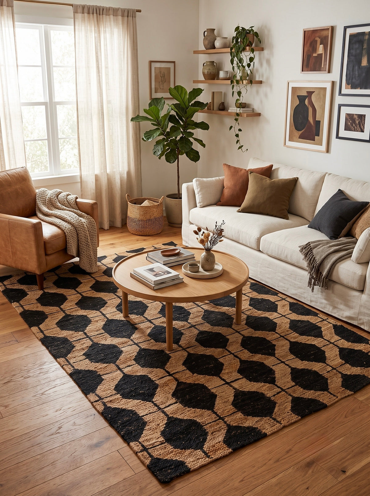 Obsidian Black and Natural Hexagon Hand-Knotted Jute Carpet