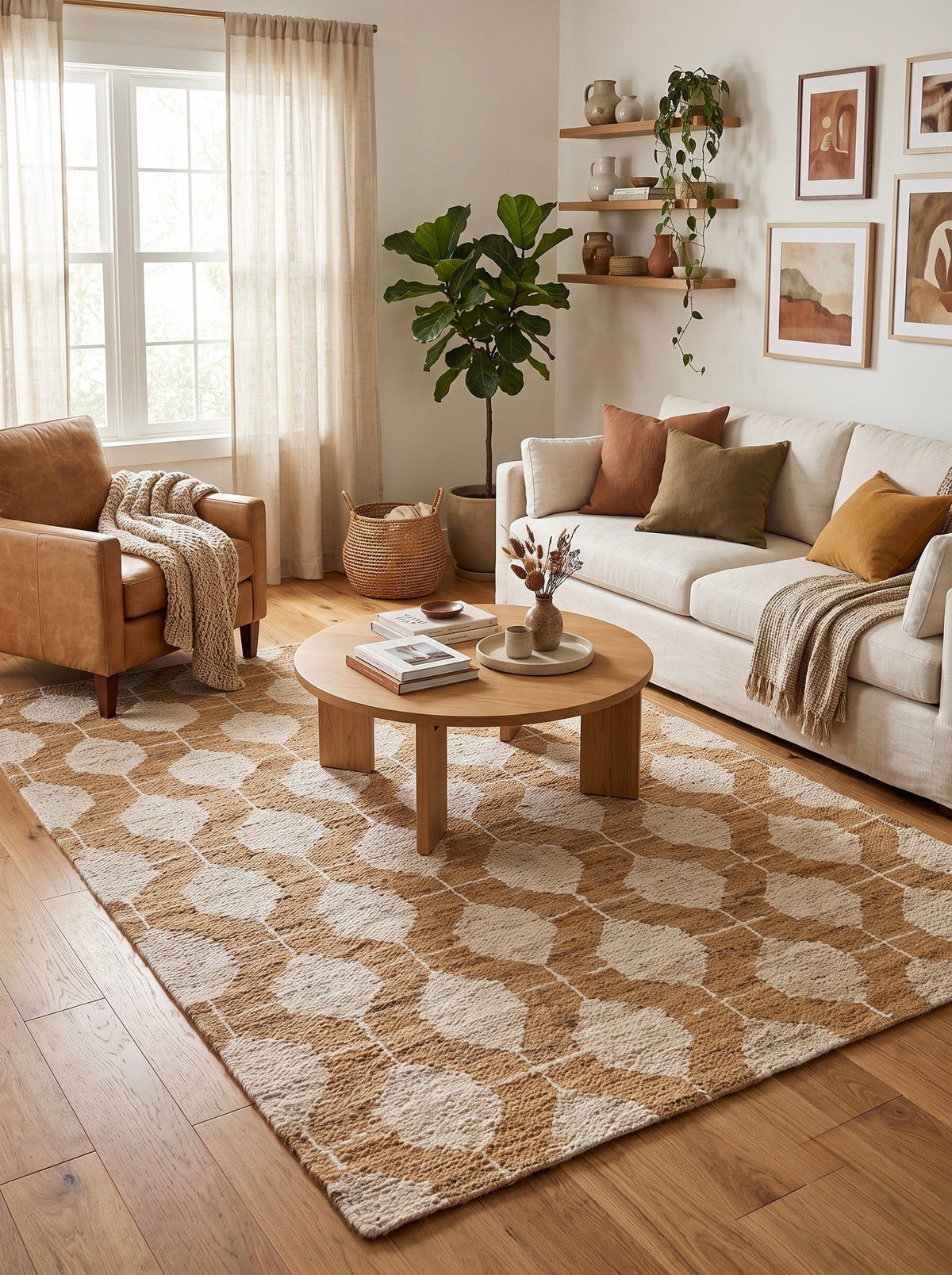 Alabaster Ivory and Natural Hexagon Hand-Knotted Jute Carpet