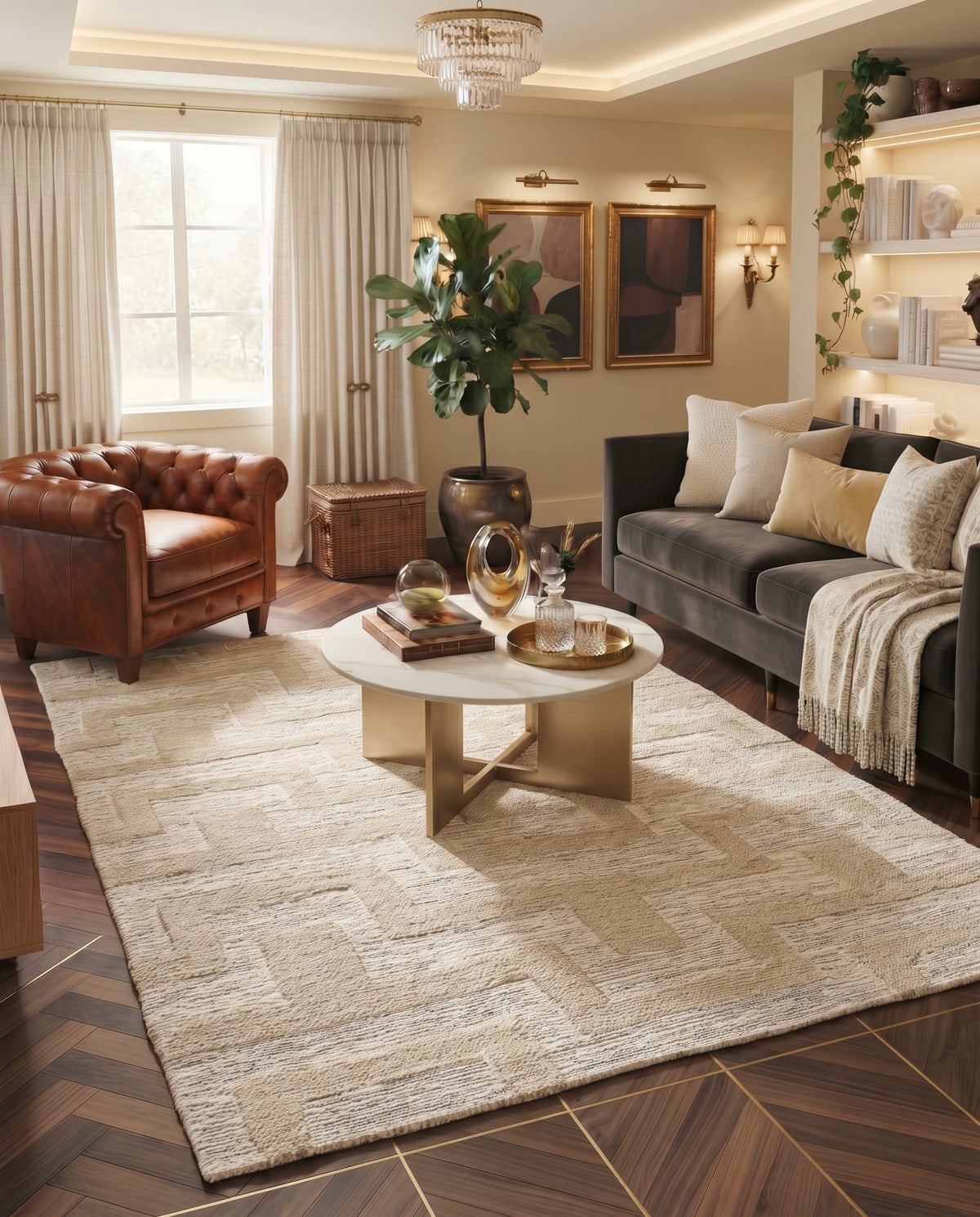 Labyrinth Ivory Tone-on-Tone Geometric Hand-Knotted Jute Carpet