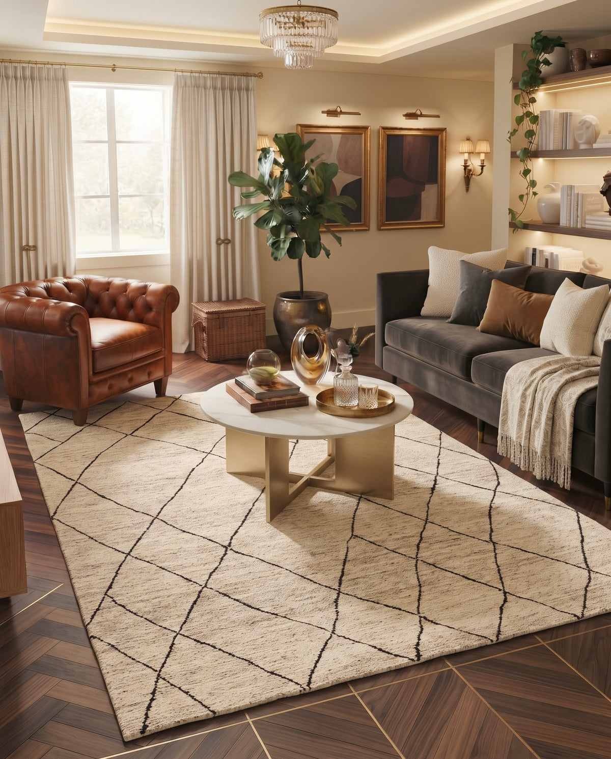 Quill Ivory and Black Trellis Hand-Knotted Jute Carpet