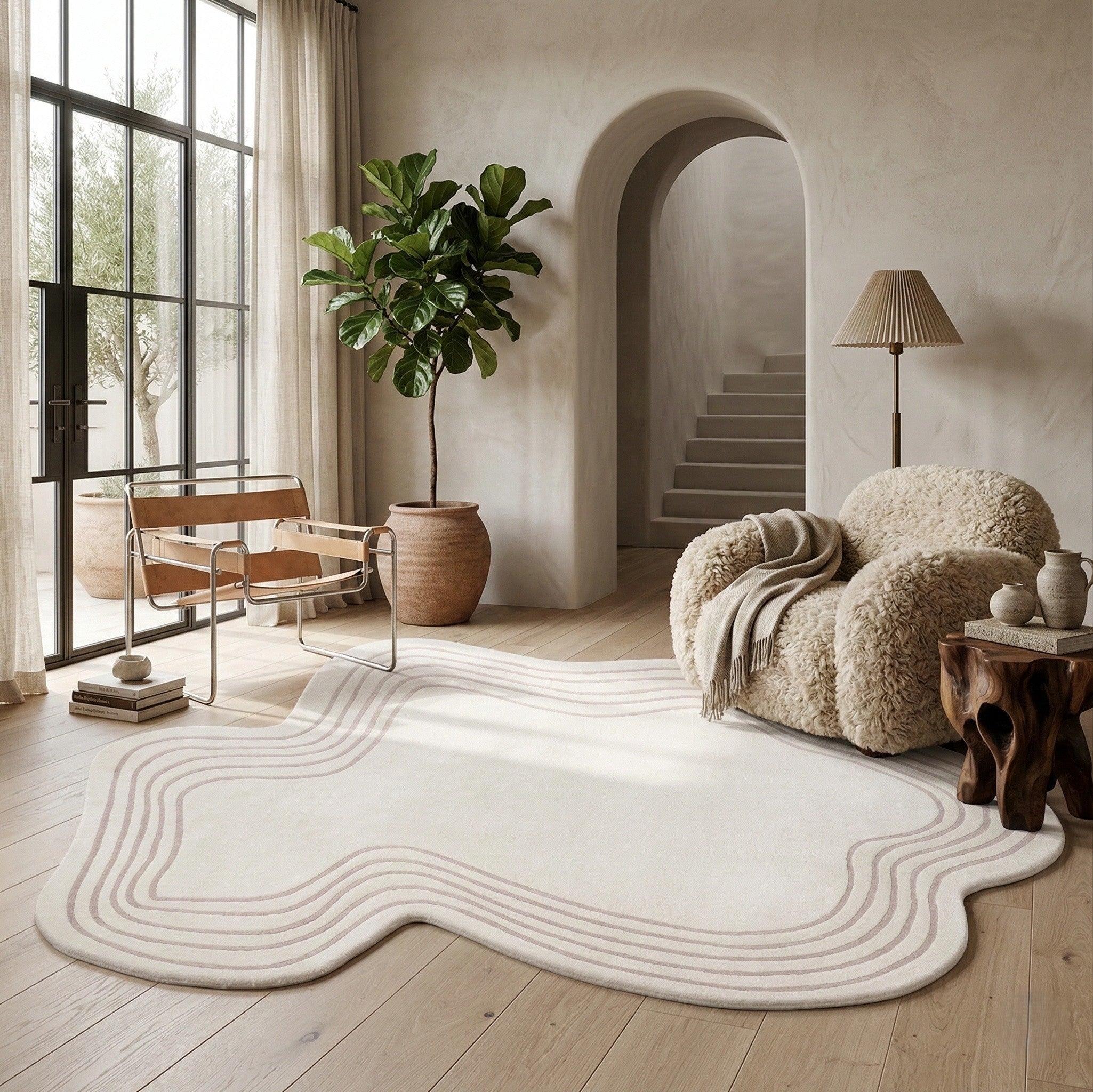 Irregular Shaped Rug Contour Ivory Hand Tufted Carpet