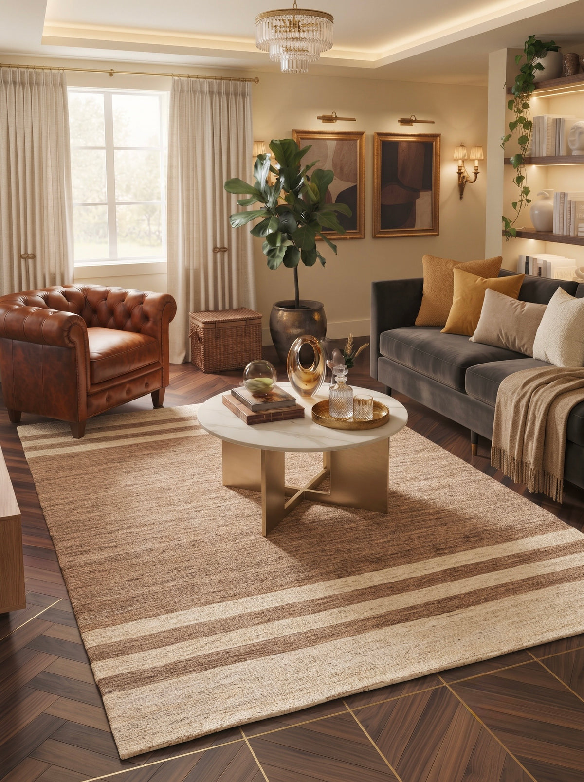 Saddle Mocha Brown and Ivory Striped Hand-Knotted Jute Carpet