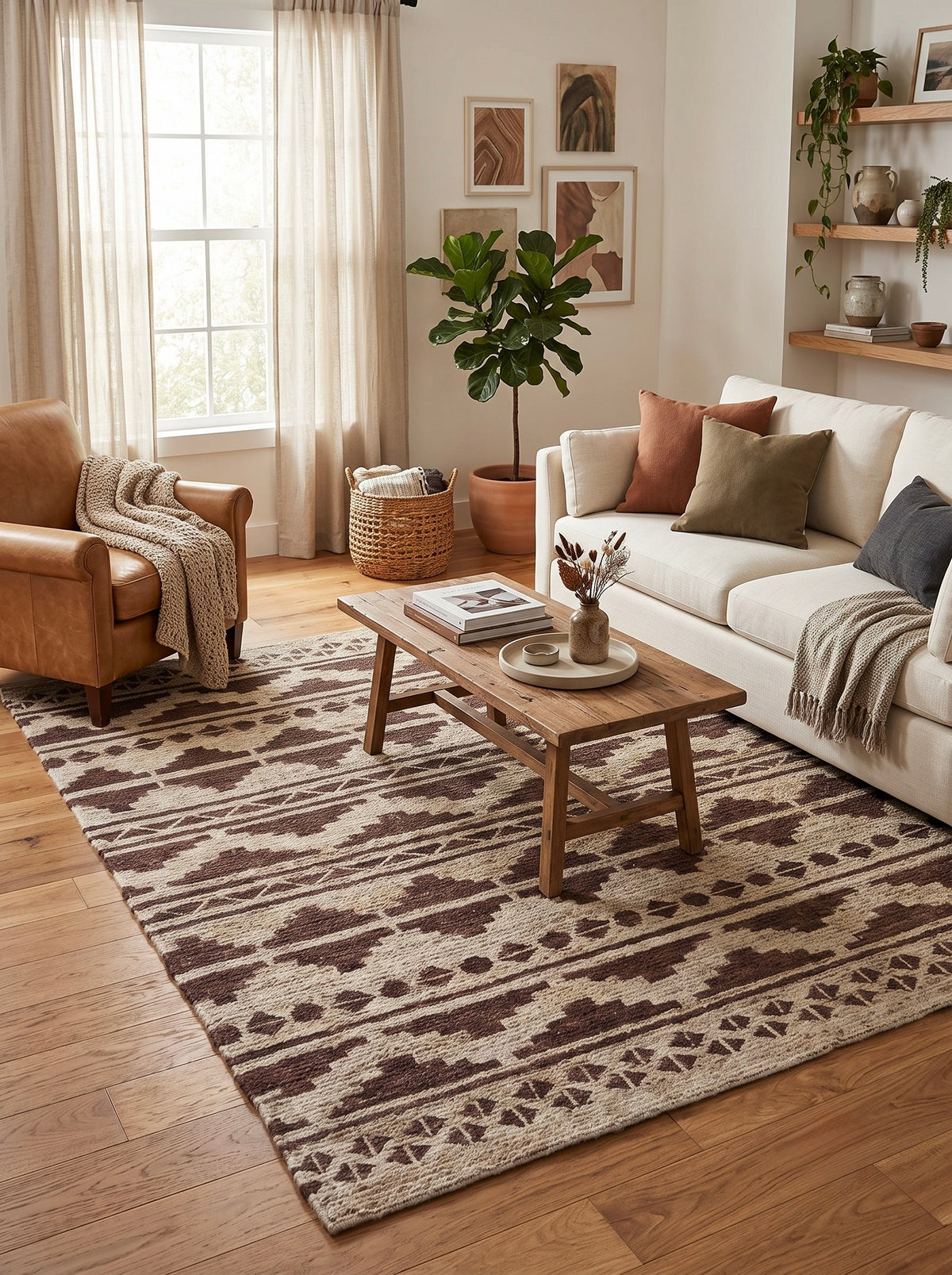 Mesa Ivory and Brown Geometric Hand-Knotted Jute Carpet