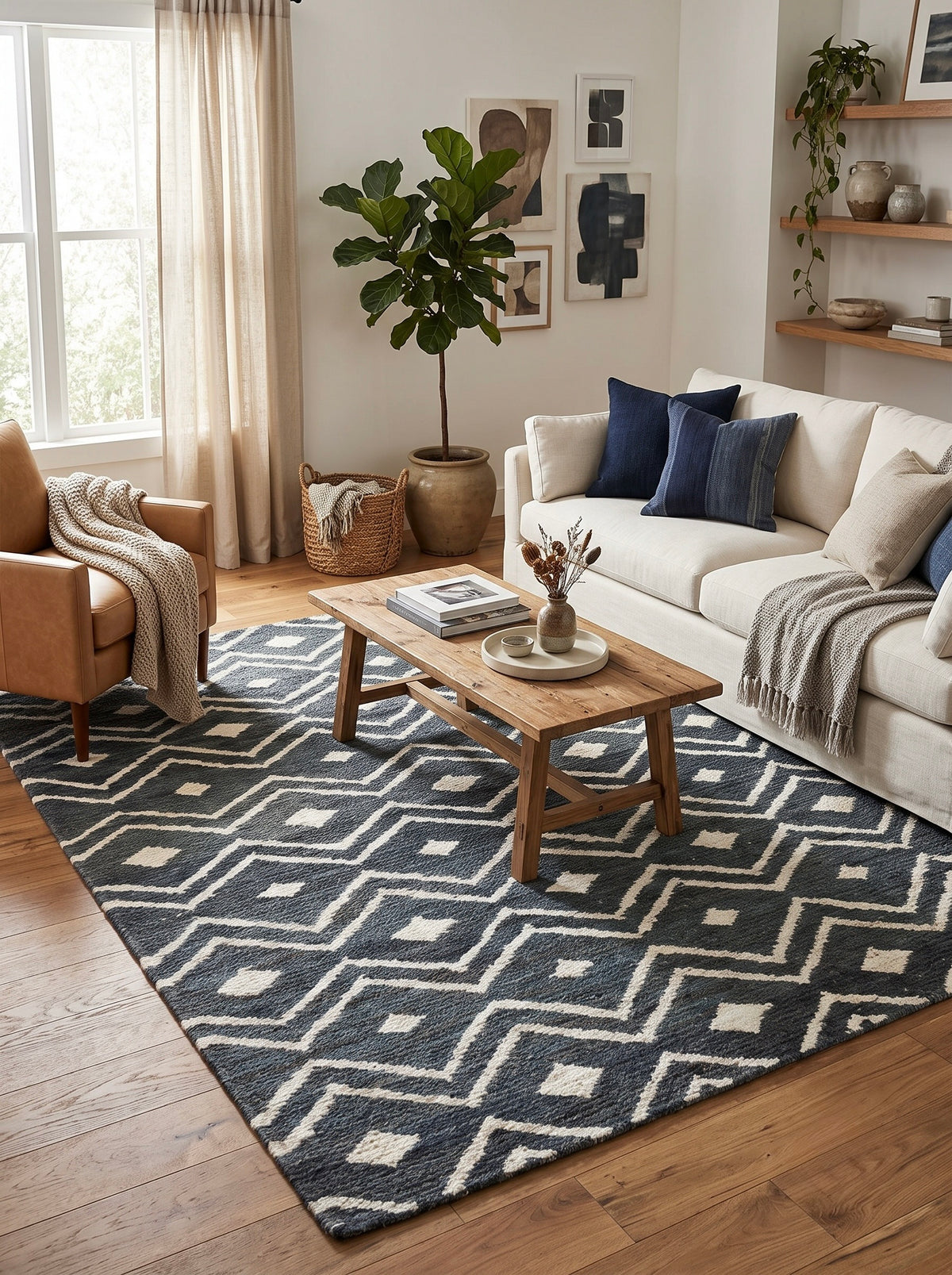 Ridgeline Slate Blue and Ivory Diamond Hand-Knotted Jute Carpet
