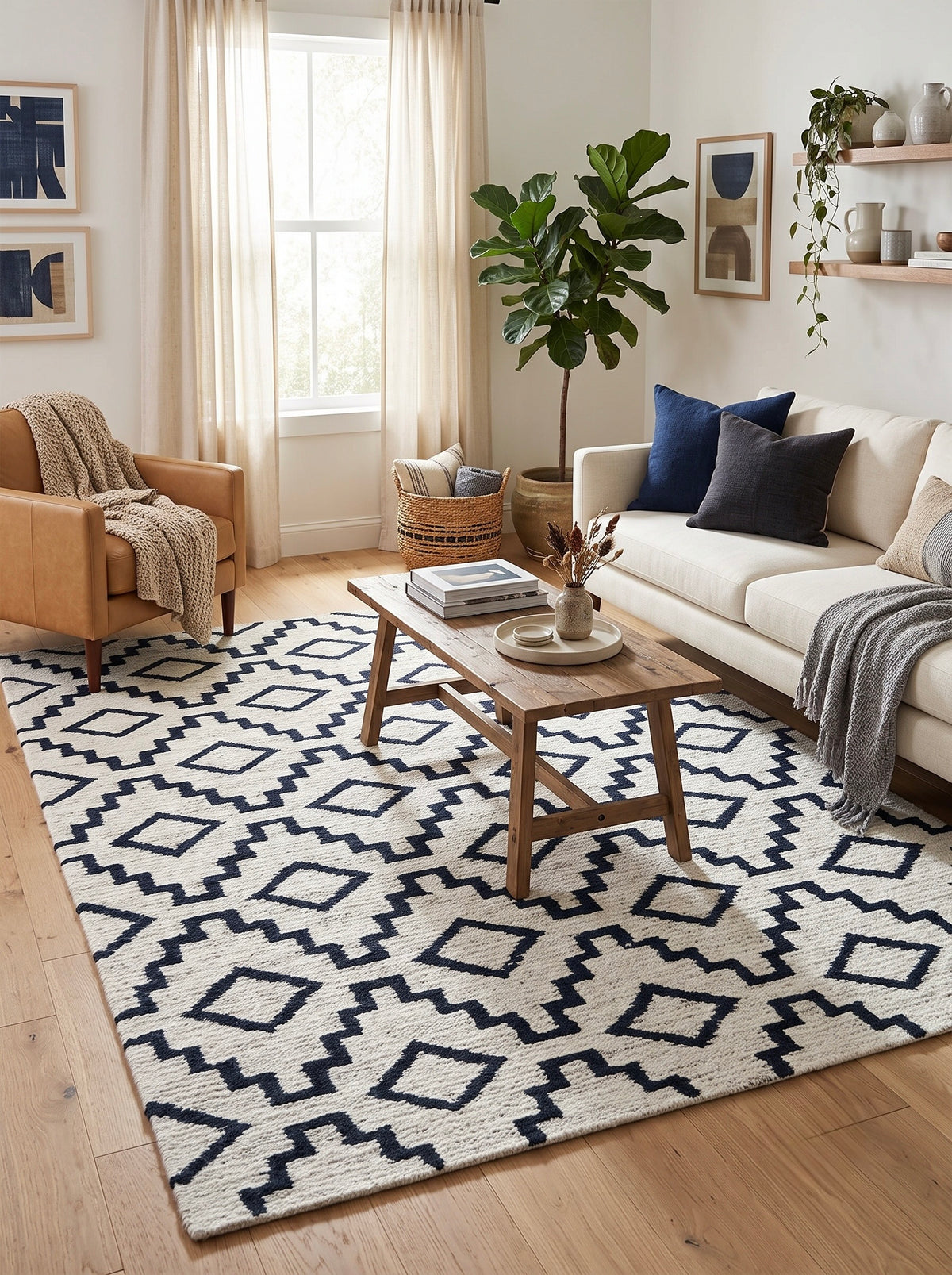 Stepwell Ivory and Ink Blue Geometric Hand-Knotted Jute Carpet