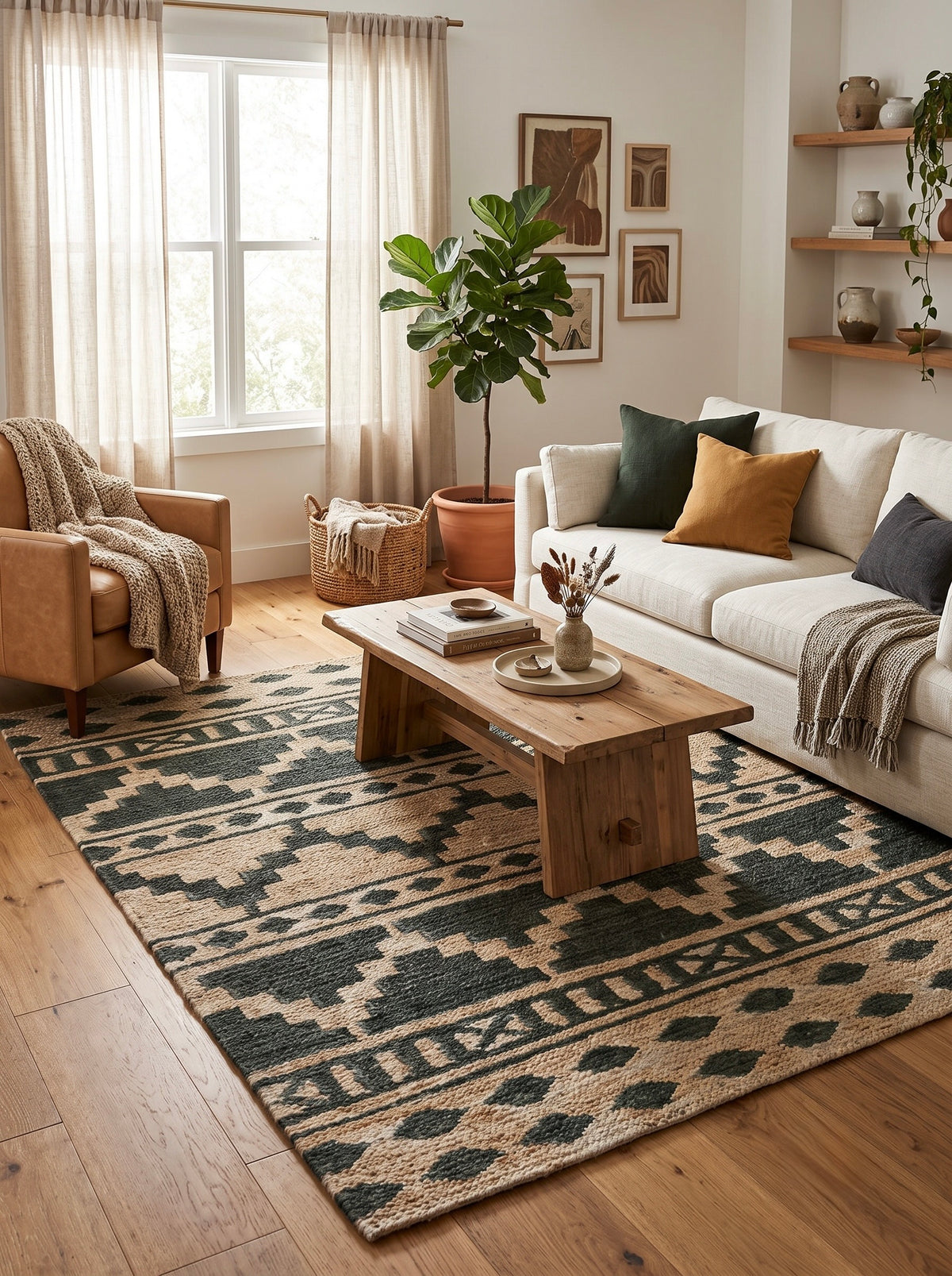 Cascade Natural and Deep Teal Banded Hand-Knotted Jute Carpet