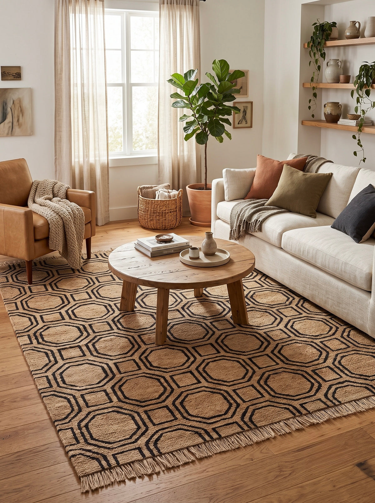 Atrium Natural and Black Octagon Hand-Knotted Jute Carpet