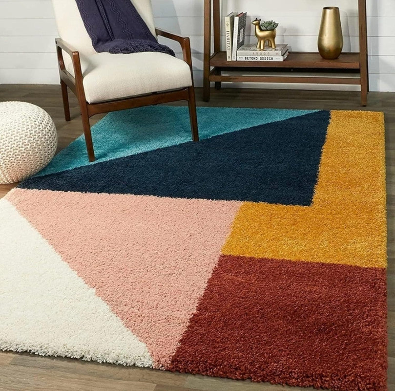 Navy & Mustard Geometric Block Shaggy Carpet