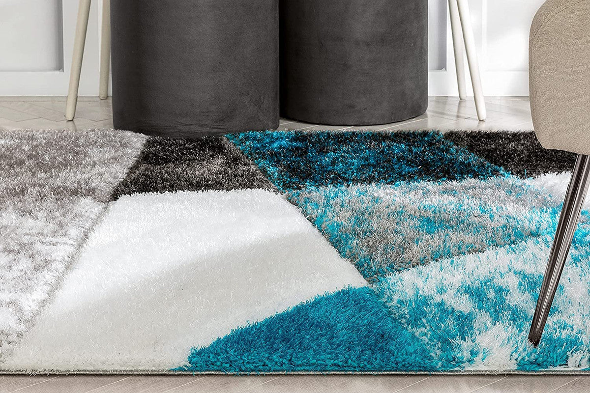Grey & Aqua Geometric Block Shaggy Carpet