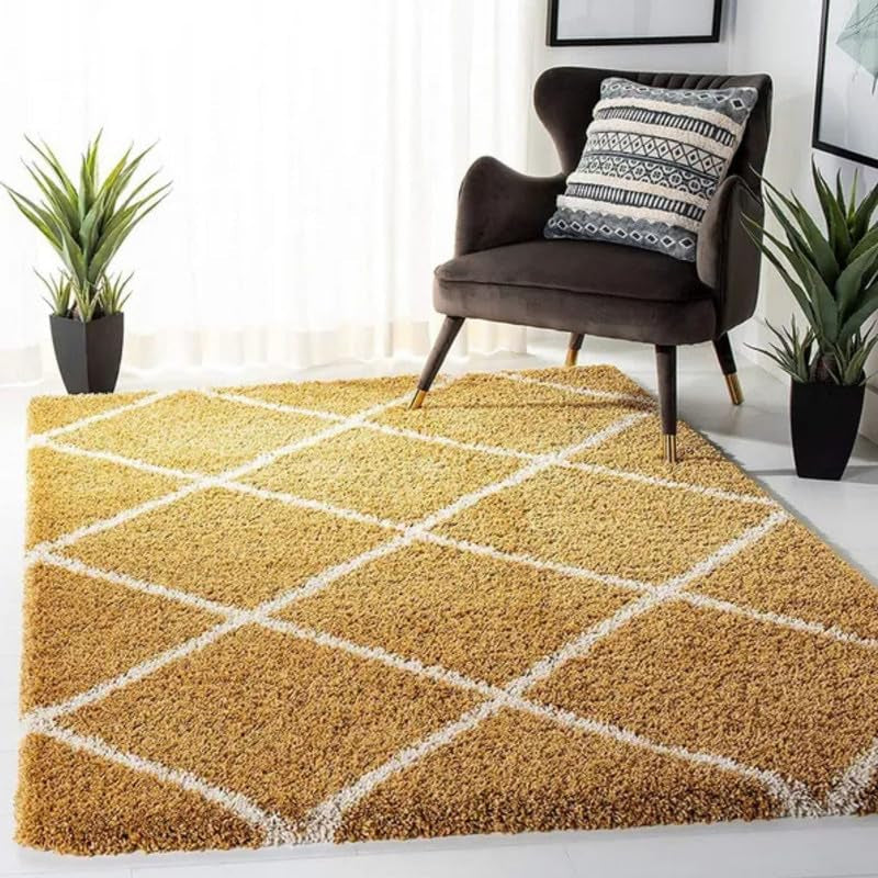 Gold & White Grid Shaggy Carpet