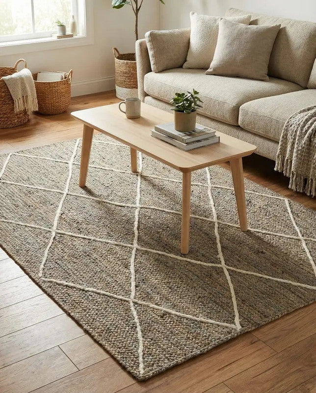 Living room with a beige sofa, wooden coffee table, and patterned rug.